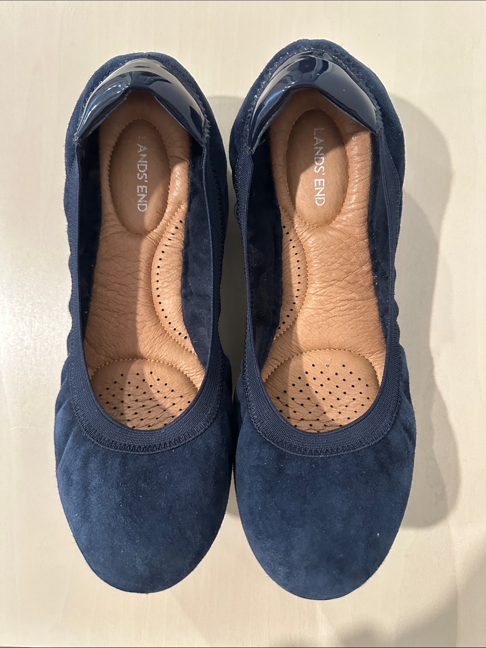 Lands' End Size 10 Navy Suede Flats with Patent Trim